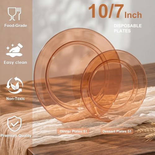 I00000 102 Pcs Amber Plastic Plates, Clear Brown Plastic Plates Disposable - Image 4