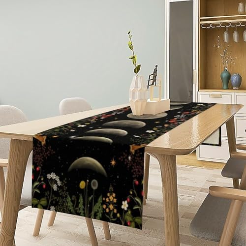 Moon Mushroom Table Runner Vintage Moon Phase Floral Moonlit Wildflower Botanical Seasonal Spring Autumn Natural Dinner Runner for Farmhouse Kitchen Dining Table Holiday Party Decoration 13"x90" - Image 2