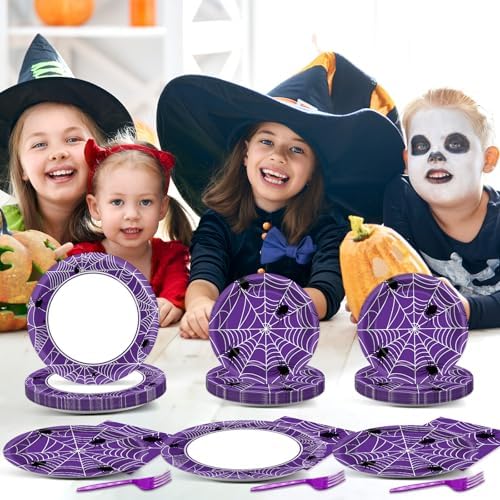 Qyeahkj 100 Pcs Halloween Birthday Party Supplies Paper Plates and Napkins Set Disposable Spider Web Tableware Decorations for Halloween Theme Baby Shower Serves 25 - Image 6