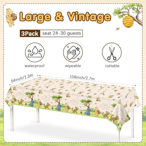 3Pcs Classic Winnie Bear Baby Shower Birthday Decorations Quotes Table Cloths, Neutral Rectangle 54 x 108Inch Disposable Vintage Pooh Bear Tablecloths for Winnie Gender Reveal 1st Birthday Decorations - Image 6