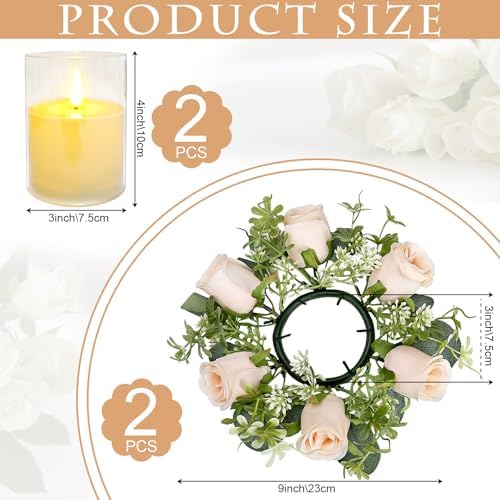 Artificial Roses Candle Rings with Candles, 2 Sets, Champagne - Image 2