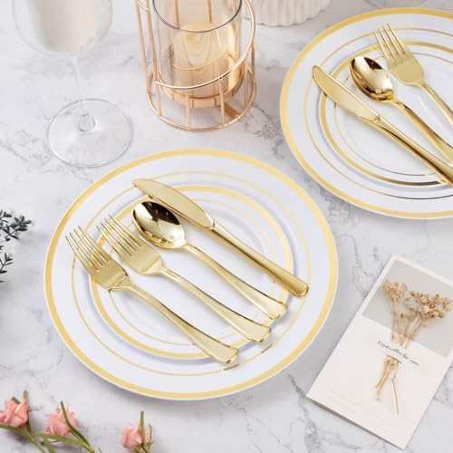 BESTVIP 300 Pcs Gold Plastic Dinnerware Set for 50 Guests - Image 2