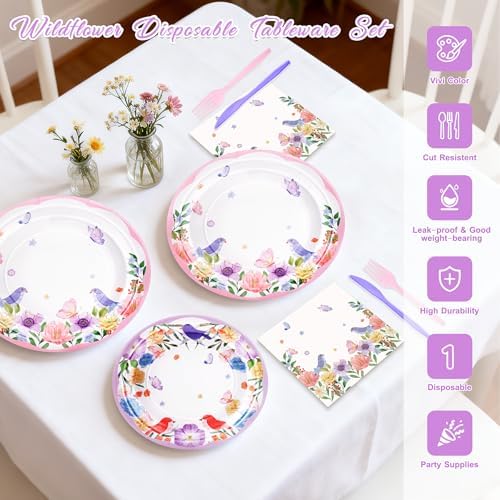 120PCS Wildflower Birthday Party Supplies, Pink Purple Floral Plates Set - Image 3