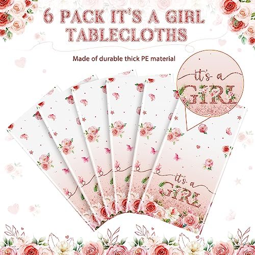 6 Pack Floral Baby Shower Tablecloth, It's a Girl Decorations, Pink Flower Party Backdrop, Plastic Disposable Table Cloth for Girl - Image 4