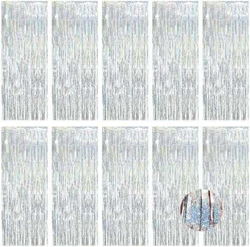 10 Pack Silver Foil Curtain Backdrop 3.2ft x 9.8ft Metallic Tinsel Foil Fringe Curtains Streamer Photo Booth Backdrop for Birthday Party Engagement Bachelorette Party Decorations - Sparkle Silver by Ohiyoo