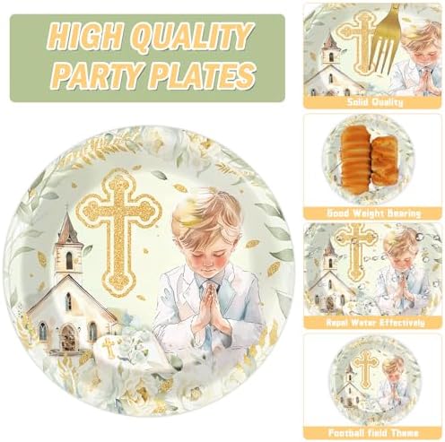 96Pcs First Communion Plates and Napkins for Baptism God Bless Party Supplies Green Mi Primera Comunion Paper Dessert Plates Tableware Set for Boy 24 Guests Baby Birthday Christening Party Decorations - Image 3
