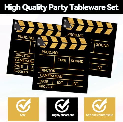 50Pcs Movie Night Plates and Napkins Party Supplies, Disposable Movie Theme Birthday Paper Plates Napkins Tableware Set for Film Action Lights Camera Popcorn Birthday Party Decorations (Movie Night) - Image 5