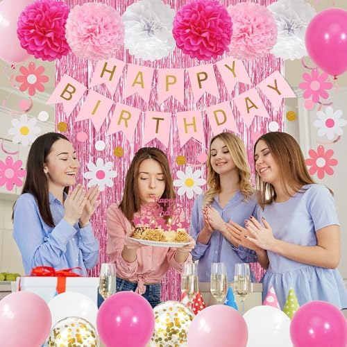 Pink Red Happy Birthday Party Decorations kits for Girls Women with Happy Birthday Banner, Fringe Curtain,Foil Balloons,Tissue Pompoms,Dots Garland,Tassels Garland,Cake Topper for birthday decor(pink) - Image 4
