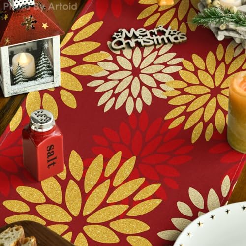Artoid Mode Red Orange Dahlia Floral 2025 New Year Table Runner, Spring Festival Winter Holiday Kitchen Dining Table Decoration for Home Party Decor 13x72 Inch - Image 3