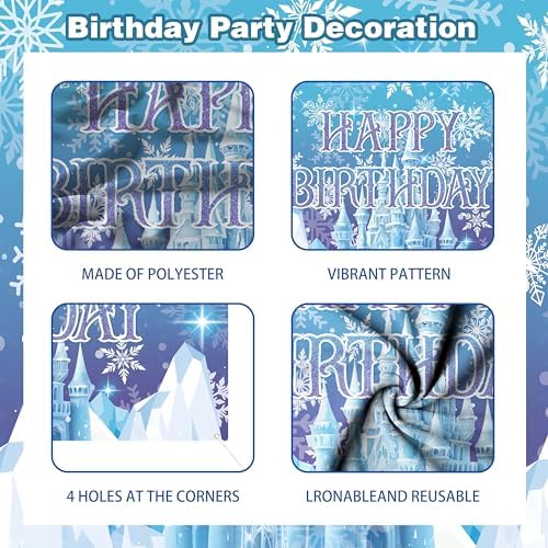 Frozen Birthday Party Decorations For Girls,Happy Birthday Backdrop,Banner,BlueBalloons,Table Cloth,Paper pom poms Party Supplies for Women - Image 6