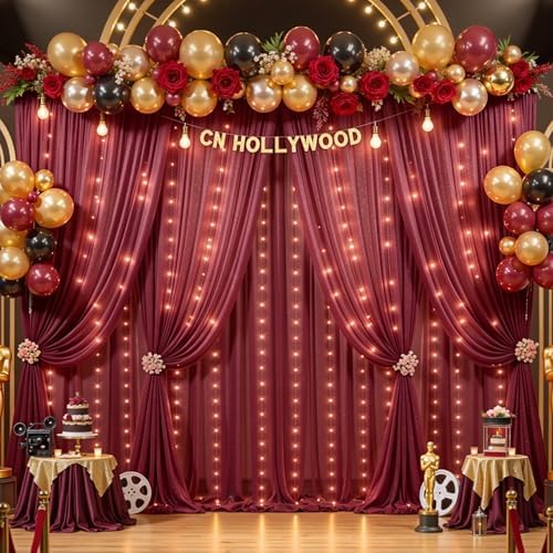 20x10FT Burgundy Wrinkle Free Backdrop Curtains with Lights String for Parties - Photo Curtain Backdrop with Lights for Wedding Decorations, Bridal Baby Shower Birthday Party Photography Background - Image 2