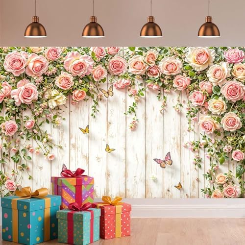 8X8ft Pink Roses Floral Backdrop Rustic Wooden Flowers Butterfly Photography Background Romantic Elegant Garden Wedding Bridal Shower Birthday Party Decorations Banner Studio Photo Booth Props - Image 3