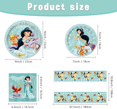 41Packs Princess Jasmine Birthday Decorations Include 20 Plates, 20 Napkins and 1 Tablecover for Birthday Party Supplies (blue1) - Image 2