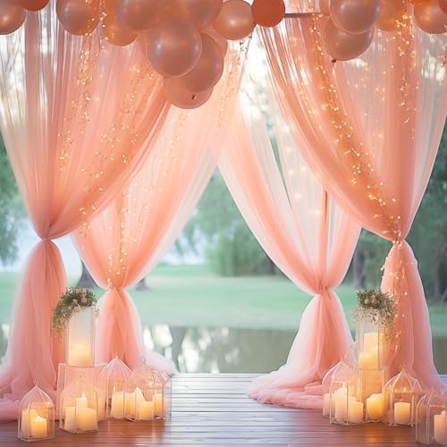 30ft x 10ft Peach Backdrop Curtain with Lights String for Parties, Sheer Tulle Wedding Photo Backdrops Drapes for Baby Shower Birthday Party Decorations Background for Photography - Image 4