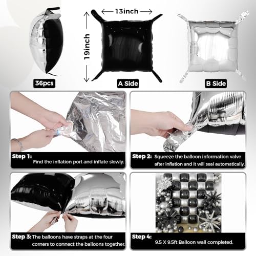 36pcs Black and Silver Square Foil Balloons Wall Backdrop with 147pcs Balloon Garland Arch Kit, Double Sided Balloons for Birthday Anniversary New Year Graduation Prom Party Decorations - Image 3