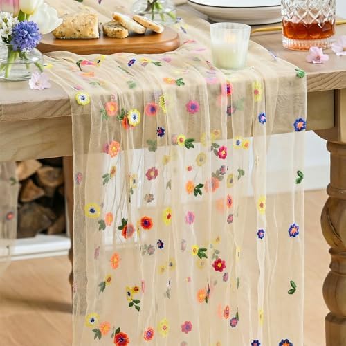 Artoid Mode Champagne Embroidery Daisy Gauze Table Runner 59x120 Inch 10FT by ArtoidMode