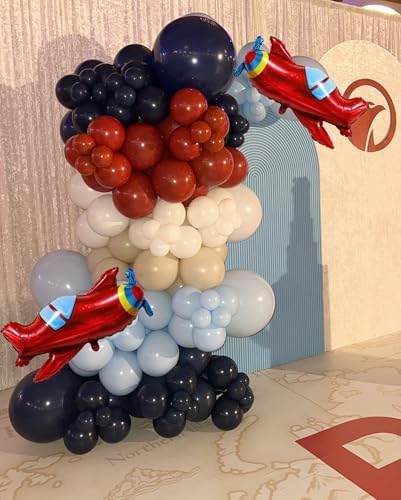 Airplane Birthday Party Decorations 142pcs Airplane Balloon Garland Arch Kit Dusty Blue and Red White with 2Pcs Airplane Mylar Balloon for Time Flies Theme Birthday Baby Shower Party Supplies - Image 4
