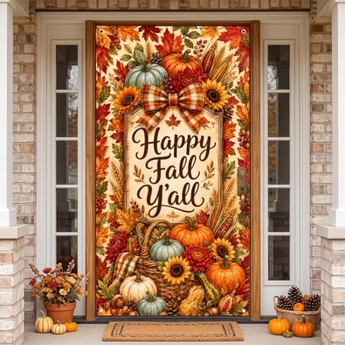 Happy Fall Y'all Door Banner 35x71 Inch Autumn Harvest Front Door Cover Decor with Pumpkins Sunflowers Maple Leaves Corn Wheat Farmhouse Hanging Flag for Porch Yard Thanksgiving Outdoor Decor by Unknown