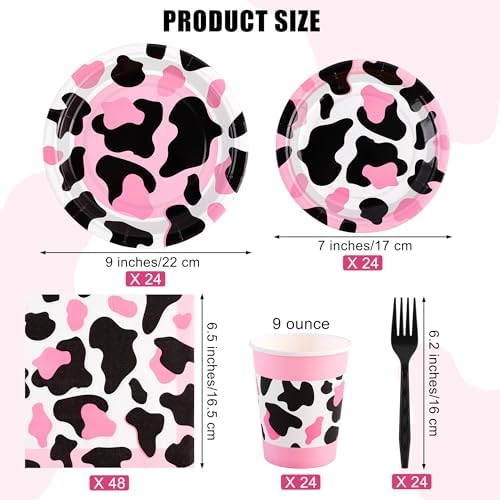 Kochorie 144 Pieces Pink Cow Print Party Tableware Sets Including Disposable Plates Napkins Cups Forks Serves 24 for Cow Theme Farm Animal Party Supplies - Image 2