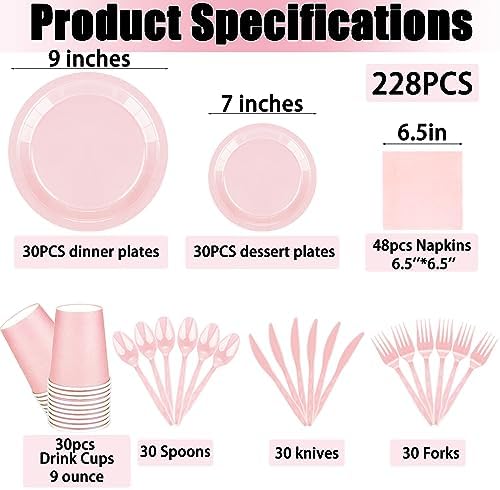 228PCS Pink Party Supplies Set for 30 Guests Paper Plates Set - Image 2