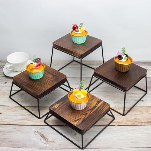 Dessert Table Risers Display Stands Food display Wood & Black Metal Square Retail Pizza,Cupcake,Candy Stands Food Platter Tray,6x6 INCH,Set of 4 (4P-Black) - Image 3