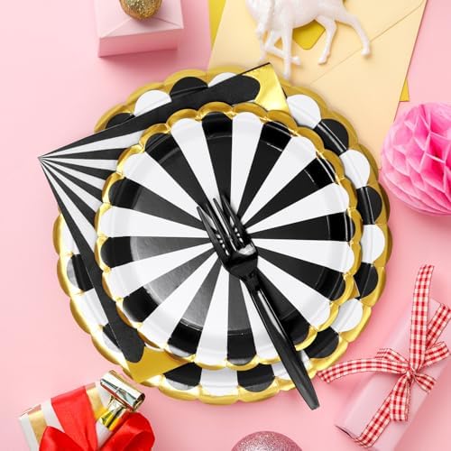 96PCS Black Party Paper Plates with Gold Scalloped Edge, Black Scalloped 9inch 7inch Dessert Paper Plates Party Supplies for Birthday Bridal Shower Picnic, Serve for 24 Guests, Striped - Image 2