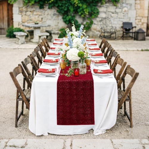 6 Packs 12 x 72 inches Sequin Table Runner, Burgundy Glitter Table Runner for Birthday Party Supplies Wedding Engagement Baby Shower Holiday Celebration Event Decorations - Image 2