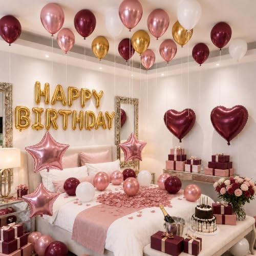 Burgundy Birthday Decorations for Women Burgundy Rose Gold Birthday Balloon - Image 5