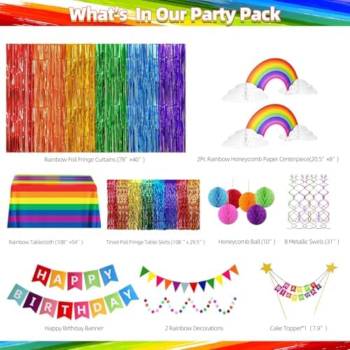102Pcs Rainbow Birthday Decorations, Colorful Birthday Party Decorations for Girls and Boys, Rainbow Party Decorations Pack with Happy Birthday Banner, Balloons, Fringe Curtain, Hanging Swirls - Image 2