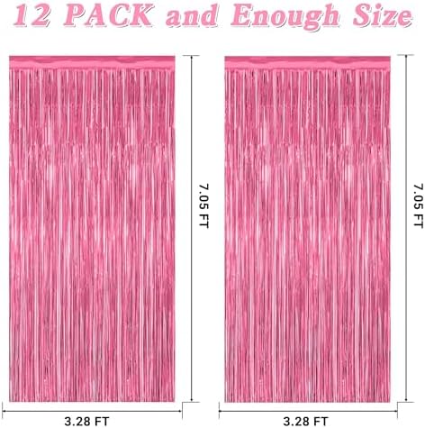 ZATAYE 12 Pack Pink Backdrop, 3.28 FT x 7.05 FT Foil Fringe Curtains, Metallic Pink Tinsel Curtain Party Streamer Birthday Backdrop for Girl, Valentines Day Decorations Bachelorette Party Supplies - Image 2