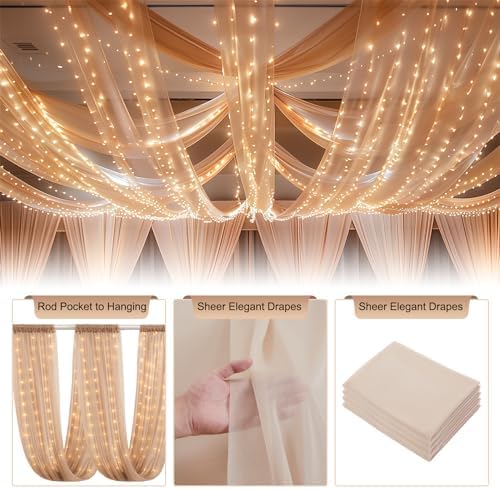 Dark Champagne Ceiling Drapes with Lights String for Weddings, 6 Panels 5ftx10ft Sheer Tulle Backdrop Photo Background Drapes for Wedding Ceremony Birthday Party Arch Decoration - Image 4