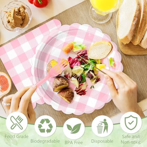 Mulbozy 75 Cute Pink Gingham Paper Plates and Napkins for Party, 25-7" - Image 4