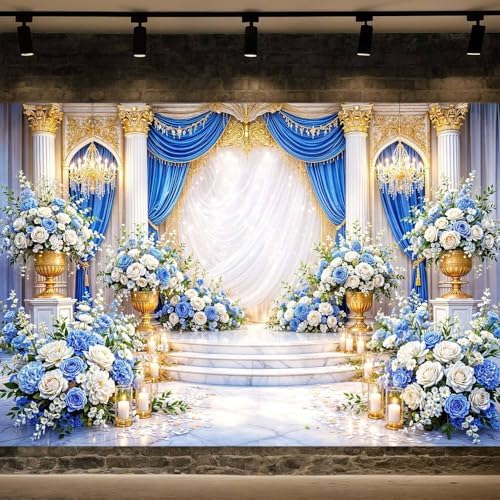 4X4ft European Palace Wedding Backdrop Blue and White Flower Wedding Party Decortions Photography Background Anniversary Birthday Baby Shower Girl Party Photo Booth Props Backdrops Wall Decor - Image 2