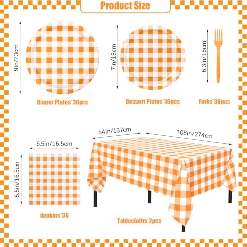 146PCS Orange Gingham Party Supplies Paper Plates and Napkins Serve 36 - Image 2