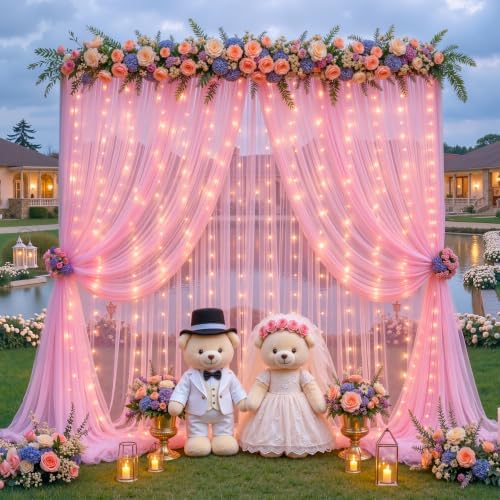 10ft x 12ft Pink Tulle Photo Backdrop Curtain with Lights String for Parties Wedding Sheer Baby Pink Curtain Backdrop for Baby Shower Girls Birthday Party Gender Reveal Photo Background Decorations - Image 3
