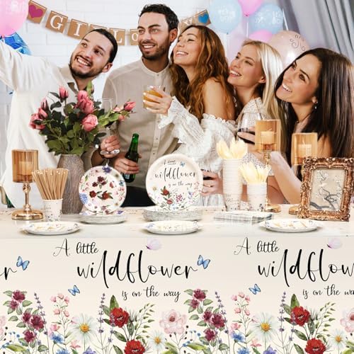 452 Pcs Wildflower Baby Shower Party Supplies for 50 Guest, Vintage a Little Wildflower Is on the Way Paper Plates Napkins Cups Tablecloth Cutlery Straws for Spring Summer Baby Shower Party Decoration - Image 4