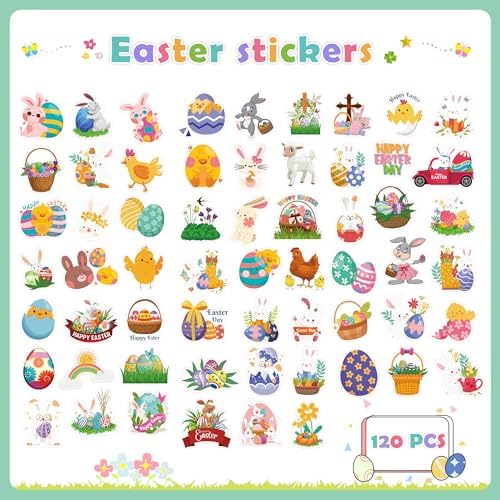 OHOME Easter Stickers | 120 PCS Egg Bunny Stickers for Kids -Easter Egg Stuffers - Vinyl Easter Games Crafts Activities Party Favors Basket Stuffers - Kids Gifts for Boys Girls - Image 2