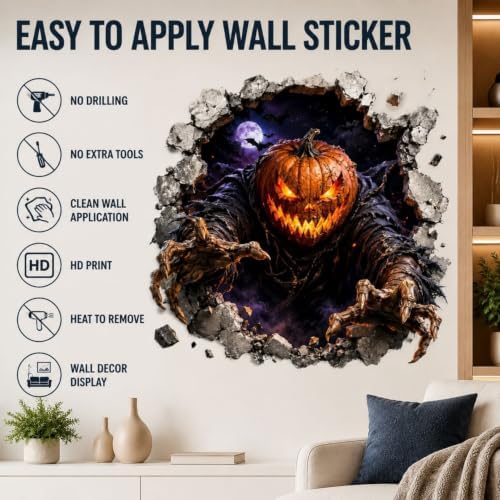 Halloween Pumpkin Man Wall Sticker Self Adhesive 3D Broken Wall Decal Scary Pumpkin Head Wall Decor Horror Wall Sticker for Living Room Bedroom Party Haunted House Indoor Seasonal Decor 1 Sheet - Image 3