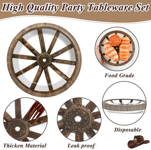 96Pcs Western Cowboy Party Paper Plates and Napkins for Western Party Supplies Wooden Wagon Wheels Themed Paper Dessert Plates Tableware Set for Kids Boys 24 Guests Birthday Party Decoration - Image 3