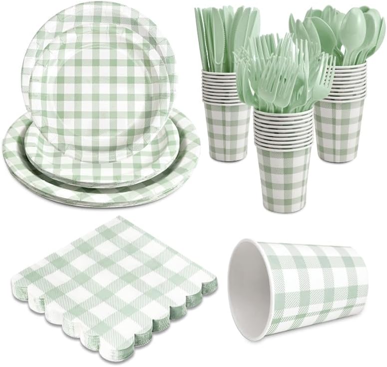 168Pcs Gingham Party Supplies for 24 Guests Thick Paper Plates and Napkins Knives Spoons Forks Cups Disposable Party Set Cutlery for Dinner Baby Shower Wedding Favor(Sage Green) by Unknown