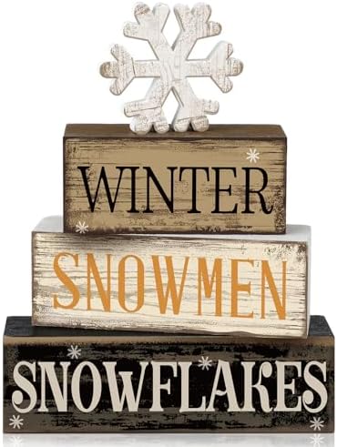 Moucuny 4 Pcs Wooden Block Signs Winter Tiered Tray Decor Farmhouse by Moucuny