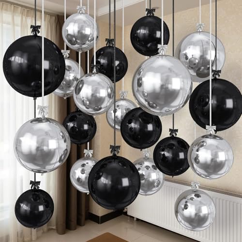 Togvu Black Silver Round Foil Balloons 16PCS Different Size 4D Ball Balloon by Togvu
