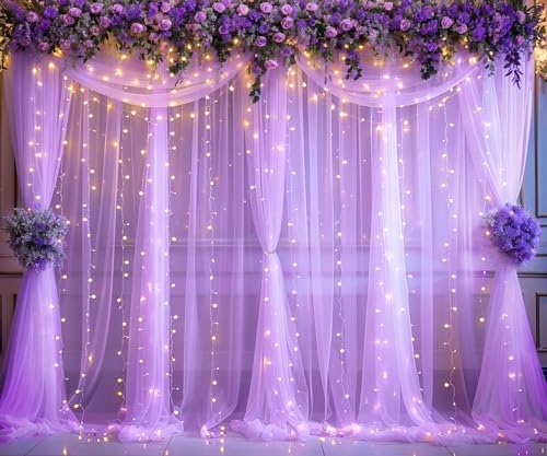 Lavender Tulle Photo Backdrop Curtain with Lights String for Parties Wedding Bridal Shower Sheer Lavender Curtain Backdrop for Birthday Baby Shower Photo Booth Photography 10ft x 8ft - Image 3