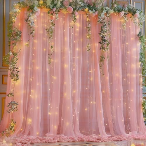 30×10ft Dusty Rose Tulle Backdrop Curtain with Lights String for Parties, Sheer Photo Backdrop Curtains for Wedding Party Photography Background - Image 6