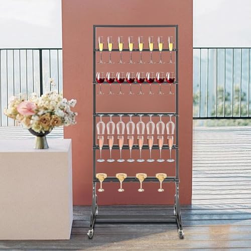 Champagne Tower Stand, 5-Tier Metal Champagne Flutes Display Stand Champagne Wall Holder for Party Champagne Rack Shelf Wine Glass Rack Hold 40 Glasses with Swivel Casters (Black) - Image 6
