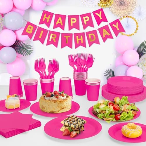 Hot Pink Plates and Napkins Party Supplies, Include 9’’Disposable Hot Pink Paper Plate, 7’’Dessert Plates and Cups and Napkins Forks Set for Birthday, Anniversaries, Wedding, Serves 25 - Image 6