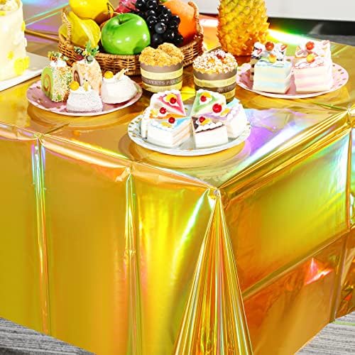 1 Pack Gold Iridescent Plastic Tablecloths Shiny Disposable Laser Rectangle Table Covers Holographic Foil Tablecloth Iridescent Party Decorations Birthday Bridal Wedding Christmas, 54 x 108 Inch - Image 5