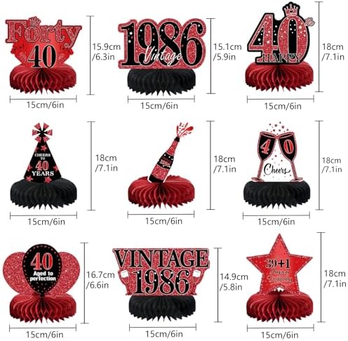 9Pcs 40th Birthday Decorations Red and Black 40th Birthday Party Decorations for Women,Happy 40 Years Vintage 1986 Aged Honeycomb Centerpieces Table Sign Decor Supplies - Image 2