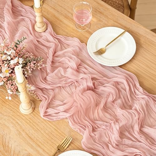 3Pcs Pink Cheesecloth Table Runner, 10FT Dusty Pink Boho Gauze Table Runner for Spring Easter Girl Baby Shower Bridal Shower Wedding Tea Party Pink Birthday Decorations - Image 3