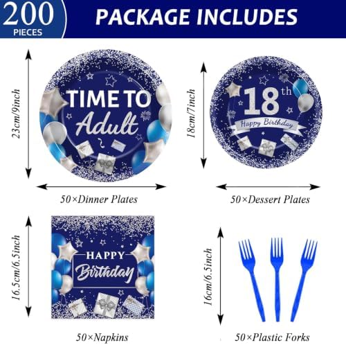 50 Guests 18th Birthday Party Supplies Decoration 18 Years Old Birthday Plates and Napkins Forks Time To Adult Tableware Blue Silver Happy 18th Birthday Party Paper Plates for Boys Girls Party 200PCS - Image 2